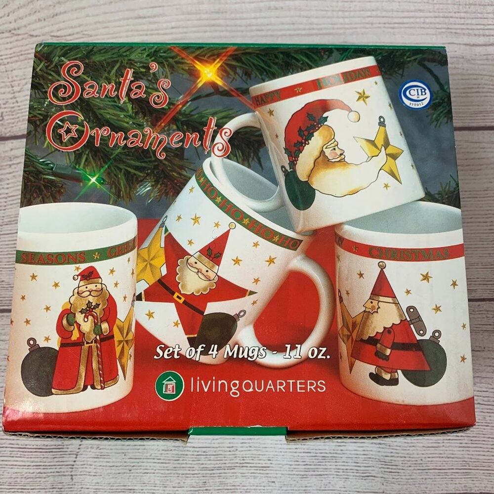 Vintage Living Quarters Christmas Coffee Mug Set of 3 Santa's Ornaments 11oz